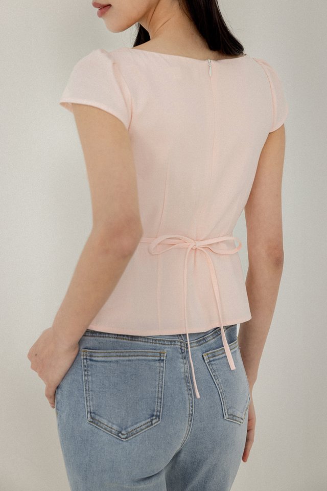 NORAH CAP SLEEVE PLEATED HEM BUTTON TIE-WAIST TOP (PINK)