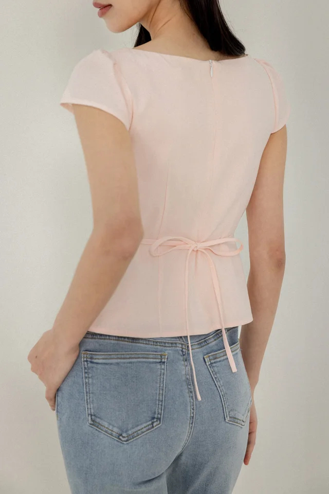 NORAH CAP SLEEVE PLEATED HEM BUTTON TIE-WAIST TOP (PINK)