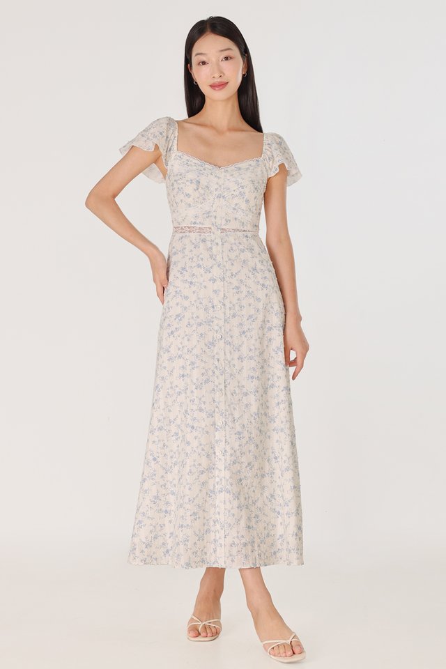 PAULINE PADDED LACE INSERT FLUTTER SLEEVE BUTTON MAXI DRESS (BLUE FLORAL)