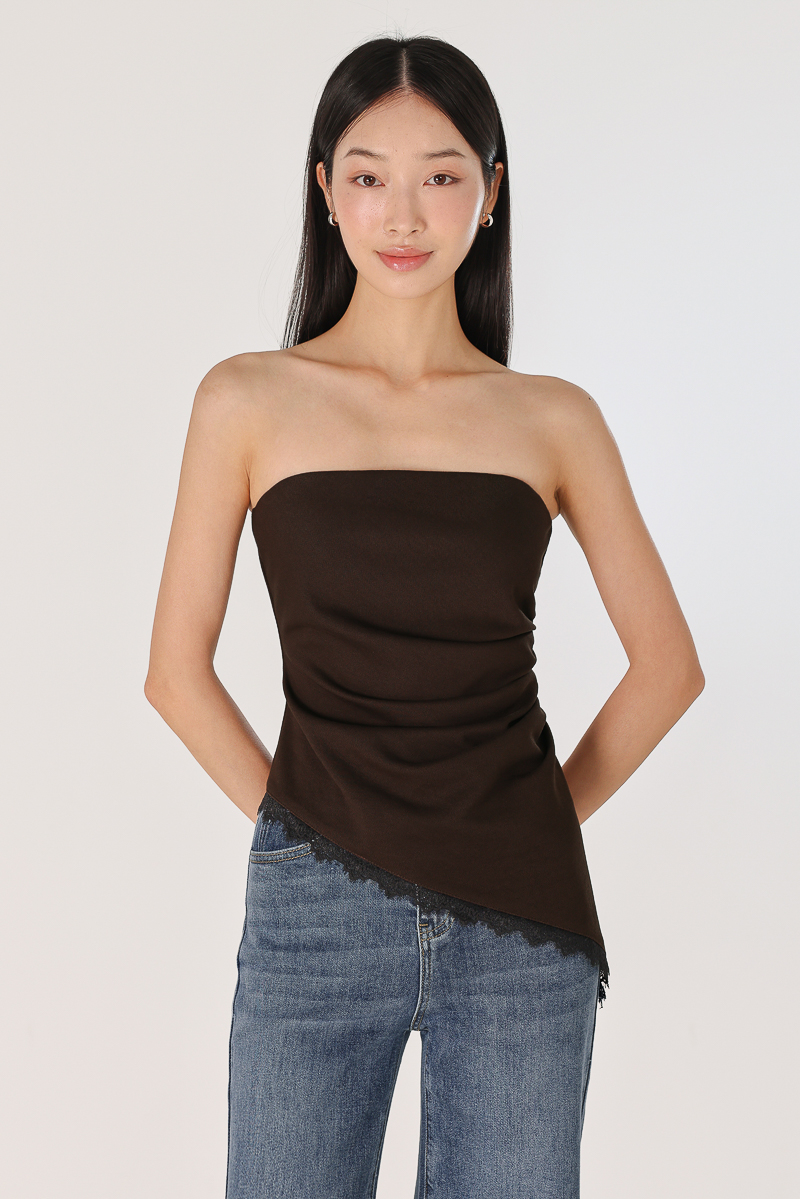 CHARLYN PADDED RUCHED LACE ASYMMETRICAL HEM TUBE TOP (ESPRESSO