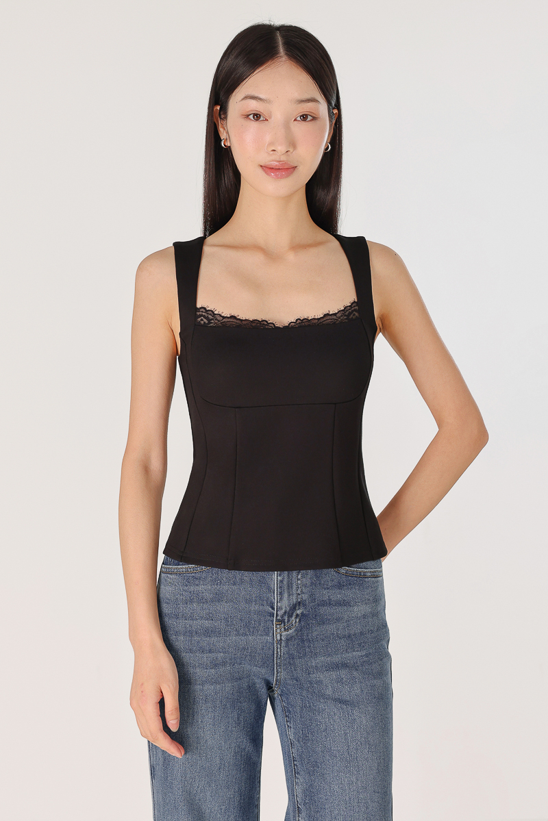 VEDA PADDED LACE TRIM BUSTIER TOP (BLACK) | Lovet