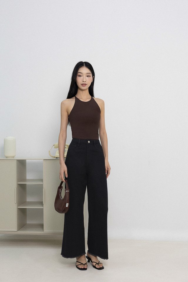 KENDRA PADDED HALTER RACER RIBBED TOP (BROWN)