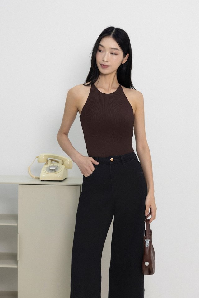 KENDRA PADDED HALTER RACER RIBBED TOP (BROWN)