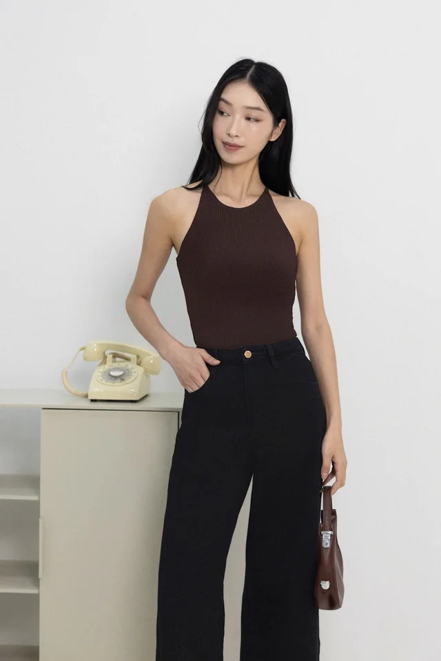 KENDRA PADDED HALTER RACER RIBBED TOP (BROWN)