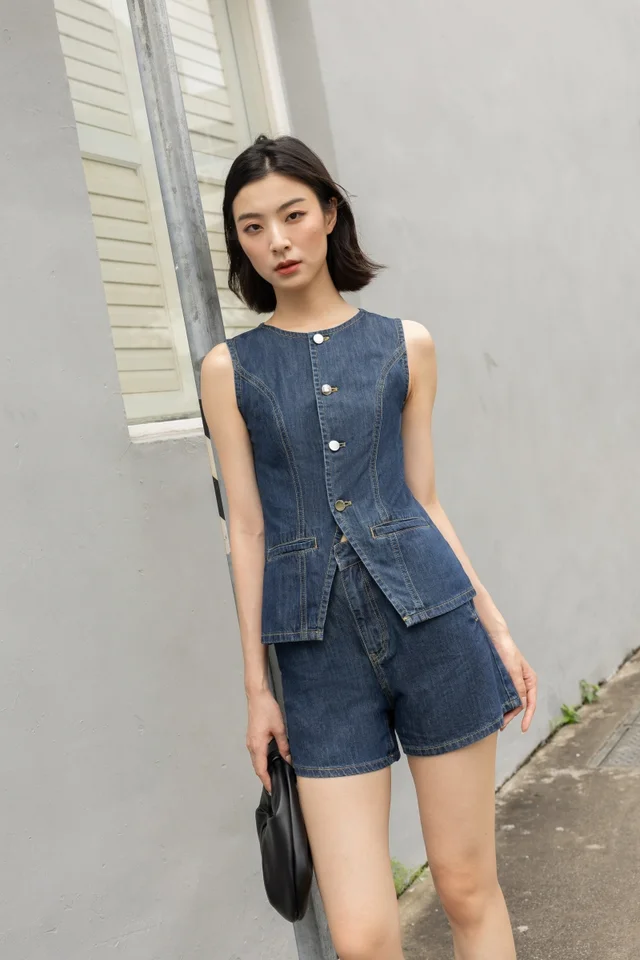 BETTER DAYS DENIM PANELLED BUTTON VEST TOP