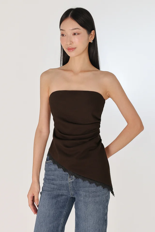 CHARLYN PADDED RUCHED LACE ASYMMETRICAL HEM TUBE TOP (ESPRESSO)