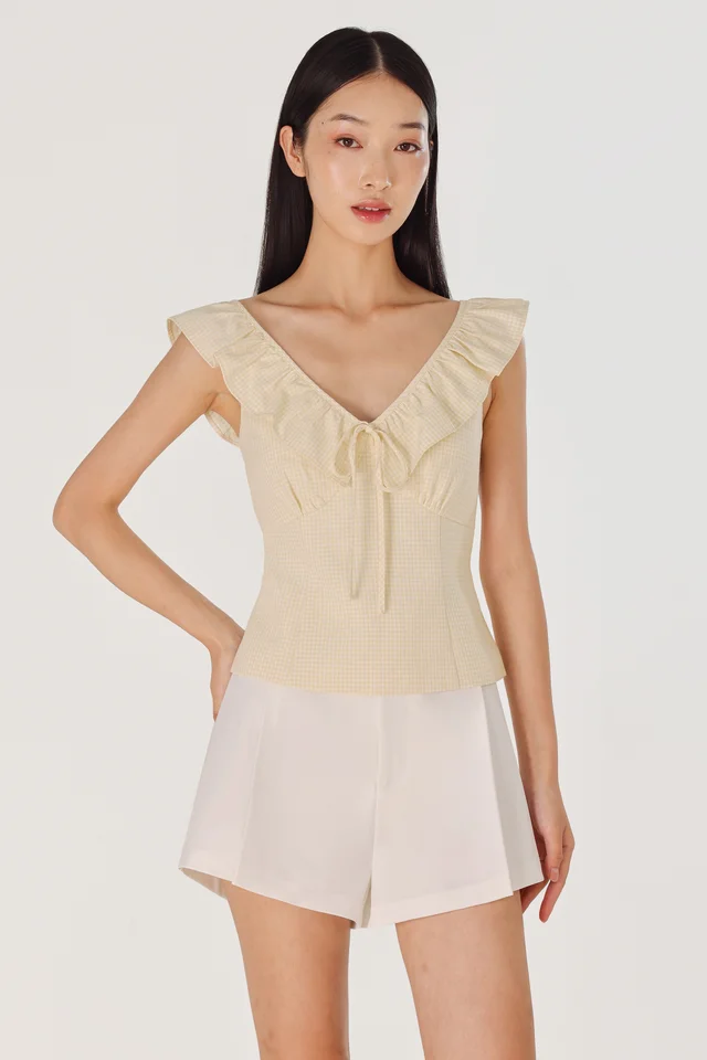 HADIYA PADDED RUFFLE V-NECK RIBBON TOP (GINGHAM)