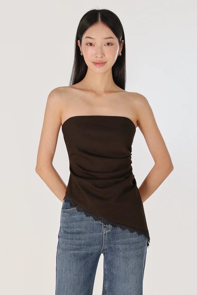 CHARLYN PADDED RUCHED LACE ASYMMETRICAL HEM TUBE TOP (ESPRESSO)