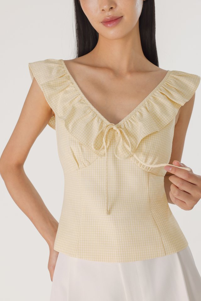 HADIYA PADDED RUFFLE V-NECK RIBBON TOP (GINGHAM)