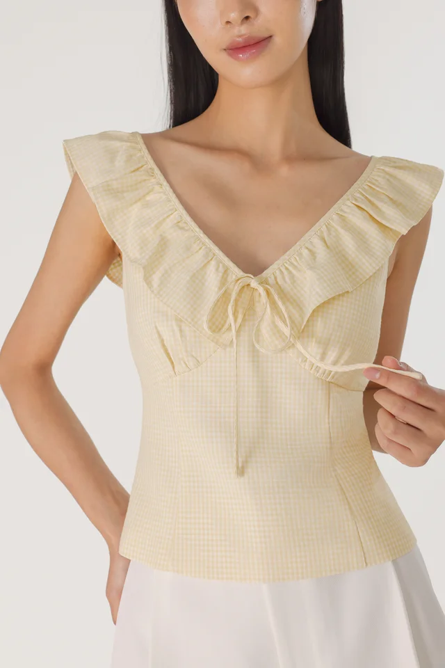 HADIYA PADDED RUFFLE V-NECK RIBBON TOP (GINGHAM)
