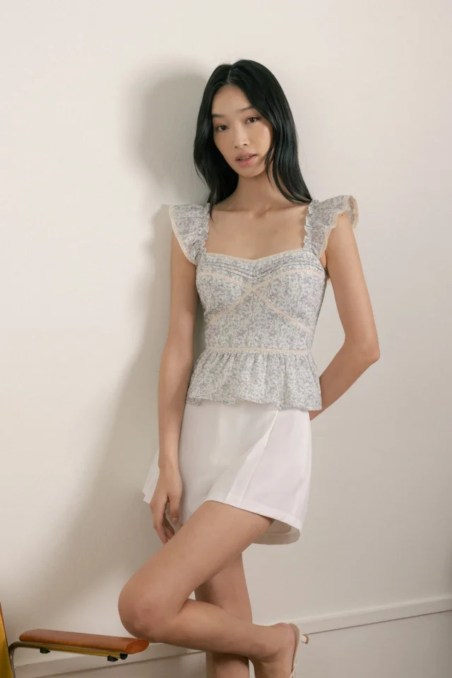 AMELINE PADDED FLORAL LACE INSERT PINTUCK TOP
