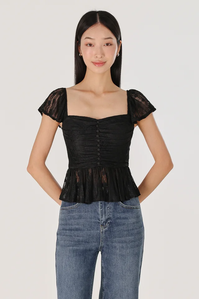 ALISSA PADDED LACE JACQUARD SWEETHEART RUCHED BUTTON TOP (BLACK)