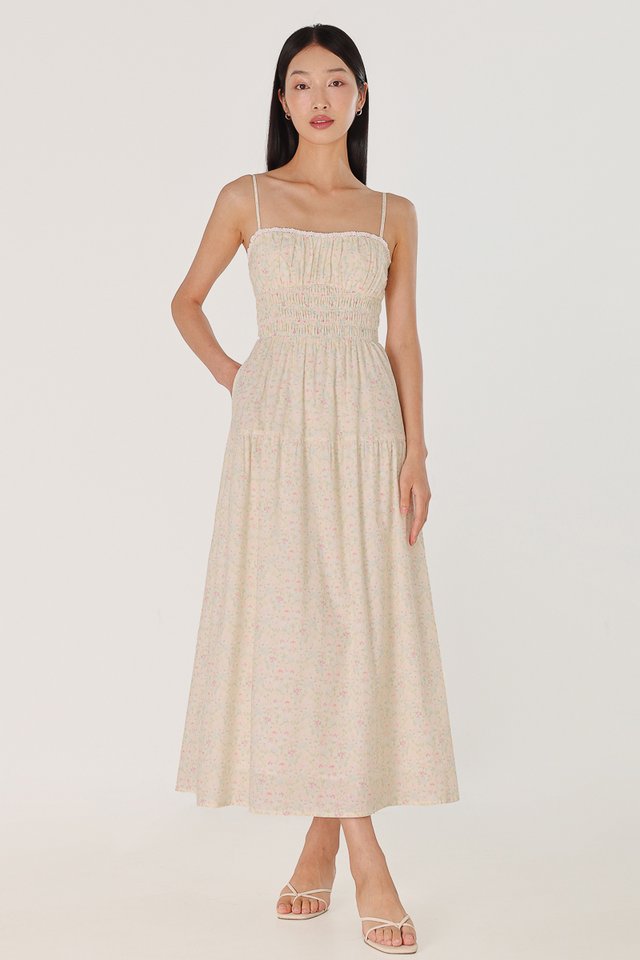 AYANA PADDED FLORAL SHIRRED WAIST EYELET TRIM MIDAXI DRESS
