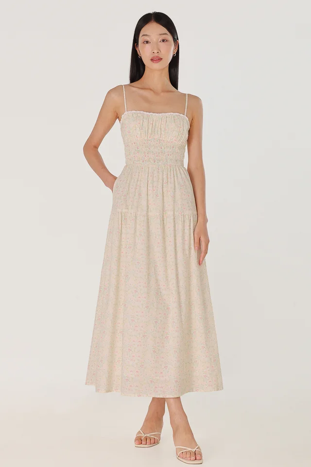 AYANA PADDED FLORAL SHIRRED WAIST EYELET TRIM MIDAXI DRESS