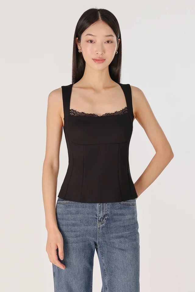 VEDA PADDED LACE TRIM BUSTIER TOP (BLACK)