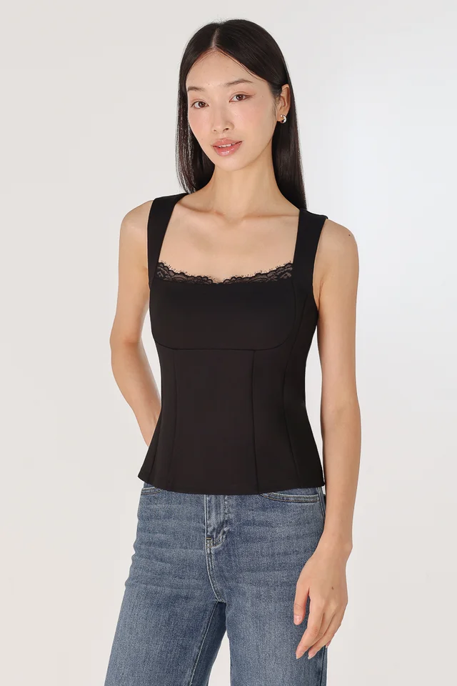 VEDA PADDED LACE TRIM BUSTIER TOP (BLACK)