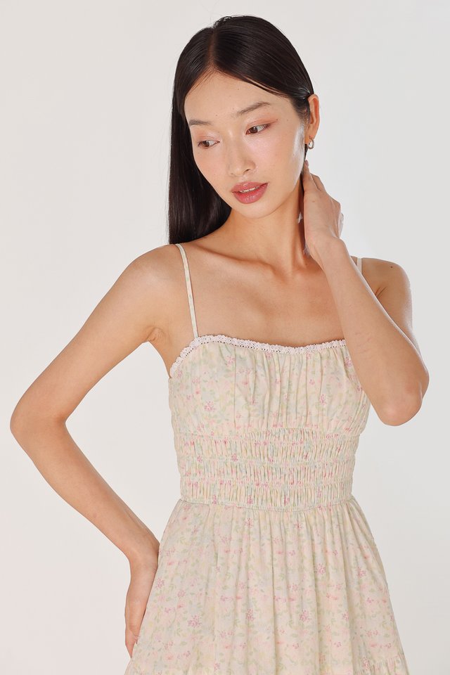 AYANA PADDED FLORAL SHIRRED WAIST EYELET TRIM MIDAXI DRESS