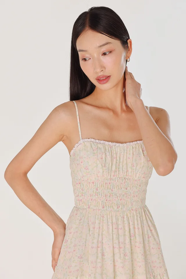 AYANA PADDED FLORAL SHIRRED WAIST EYELET TRIM MIDAXI DRESS