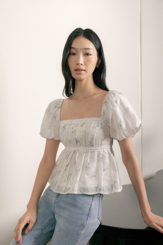ZARAH PADDED FLORAL EMBROIDERED BUBBLE SLEEVE BABYDOLL TOP