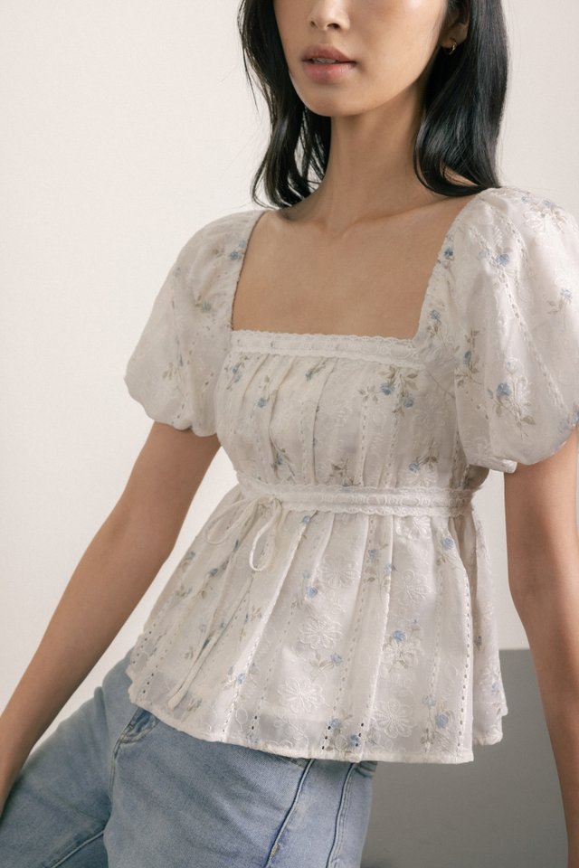 ZARAH PADDED FLORAL EMBROIDERED BUBBLE SLEEVE BABYDOLL TOP