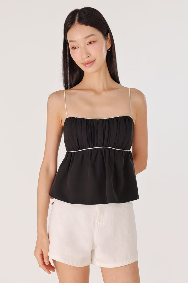 AUBREY PADDED CONTRAST PIPING BABYDOLL TOP (BLACK)
