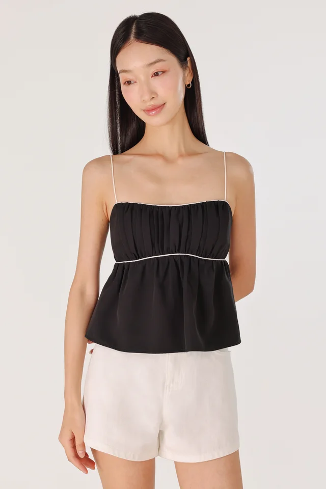 AUBREY PADDED CONTRAST PIPING BABYDOLL TOP (BLACK)