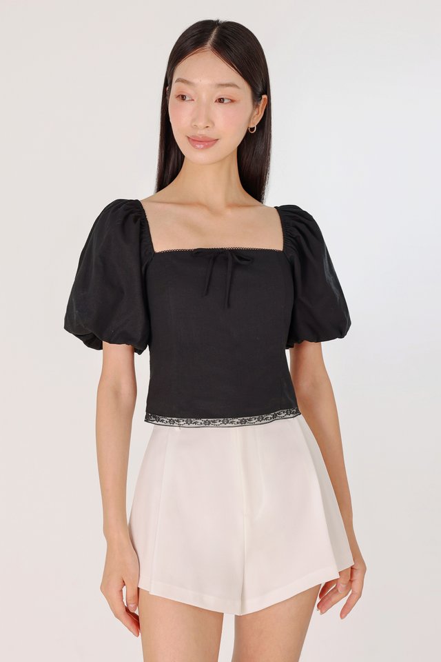 LISELLE PADDED BUBBLE SLEEVE LACE HEM RIBBON TOP (BLACK)