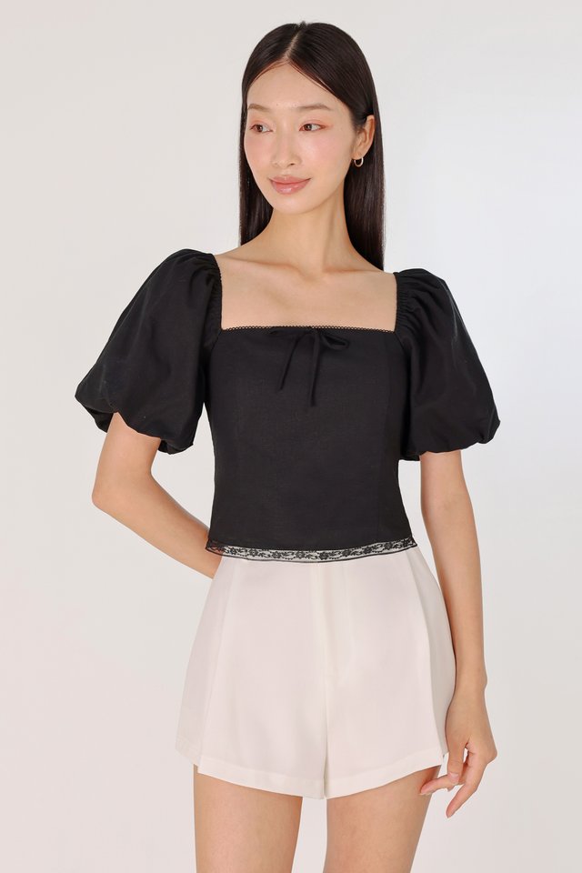 LISELLE PADDED BUBBLE SLEEVE LACE HEM RIBBON TOP (BLACK)