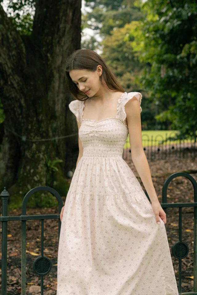 ANNIE PADDED FLORAL SWEETHEART SMOCKED RUFFLE MAXI DRESS