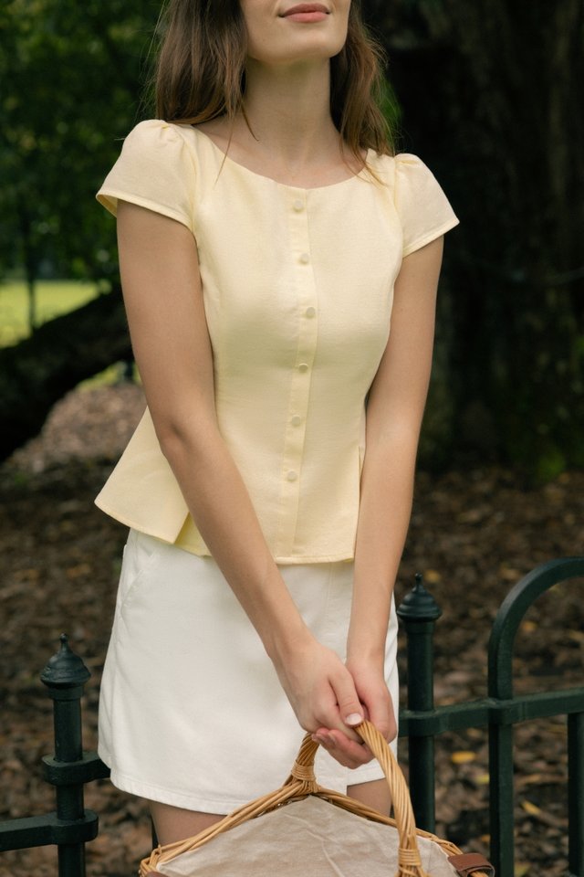 NORAH CAP SLEEVE PLEATED HEM BUTTON TIE-WAIST TOP (YELLOW)