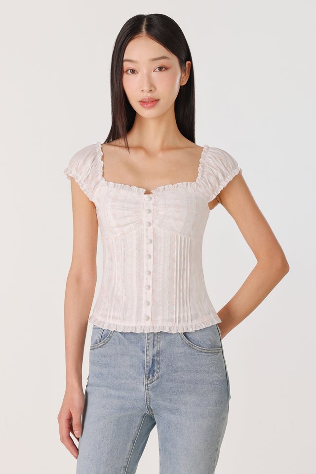 AVARA PADDED RUFFLE TRIM BUTTON TOP (WHITE)