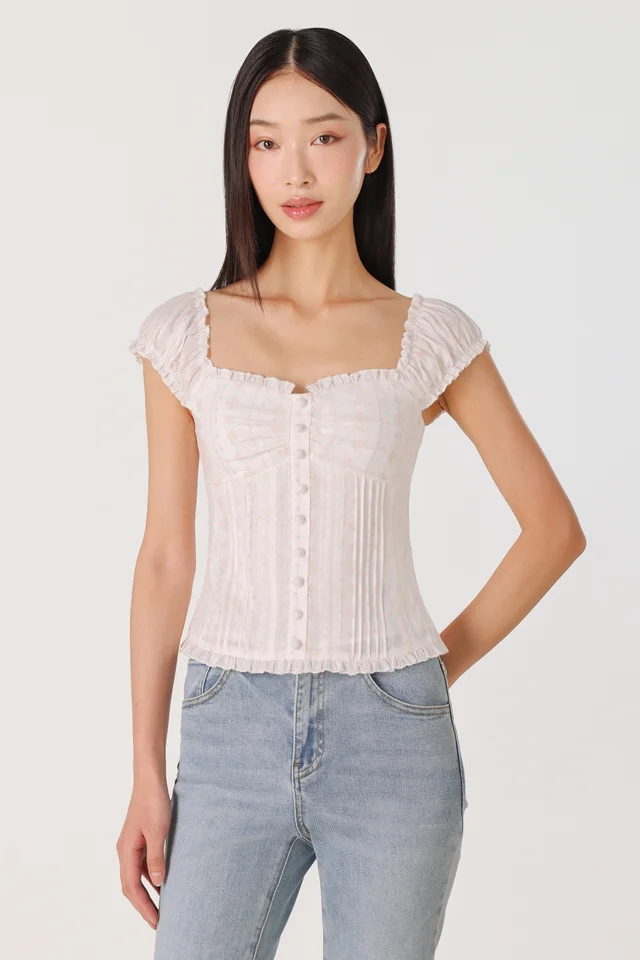AVARA PADDED RUFFLE TRIM BUTTON TOP (WHITE)