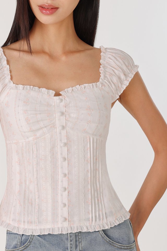 AVARA PADDED RUFFLE TRIM BUTTON TOP (WHITE)