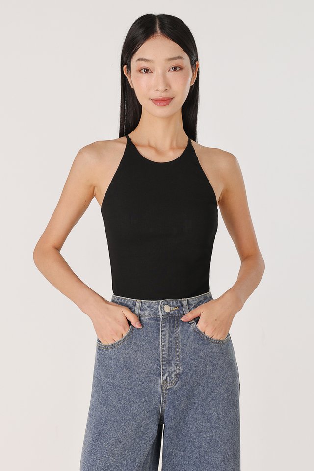 KENDRA PADDED HALTER RACER RIBBED TOP - IMPROVED FIT (BLACK)