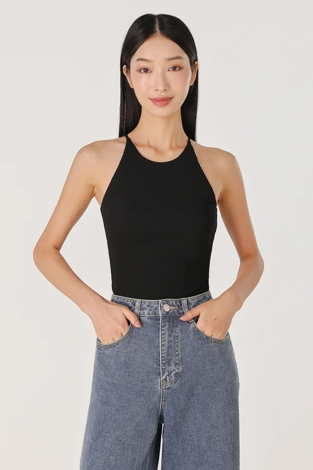 KENDRA PADDED HALTER RACER RIBBED TOP - IMPROVED FIT (BLACK)