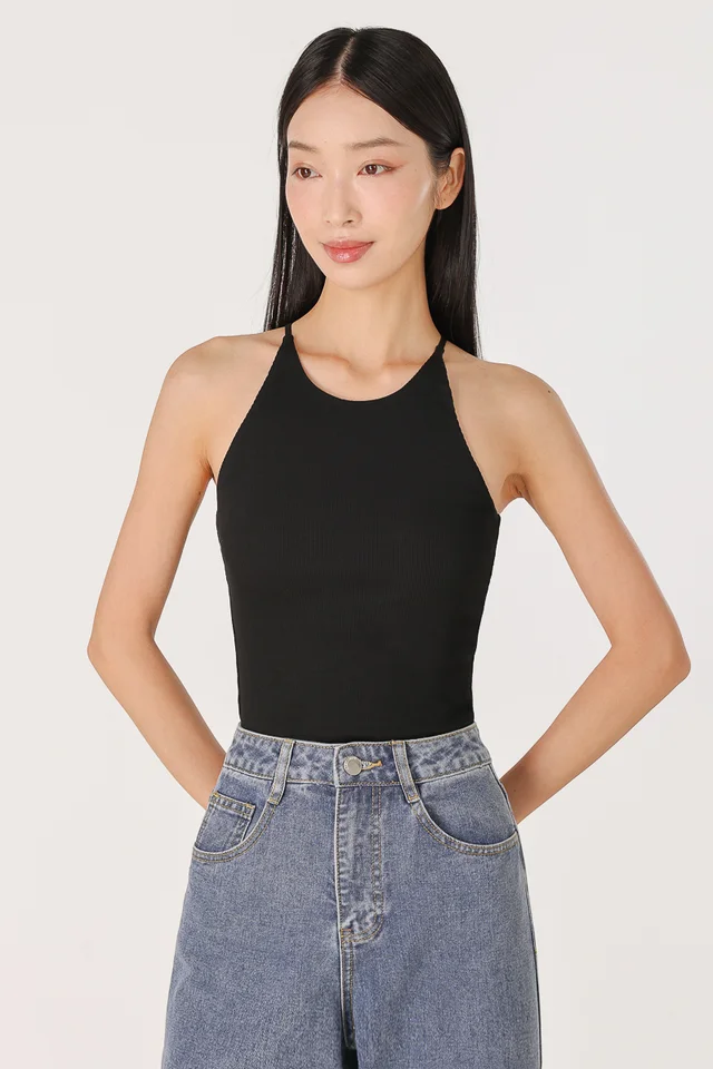 KENDRA PADDED HALTER RACER RIBBED TOP - IMPROVED FIT (BLACK)