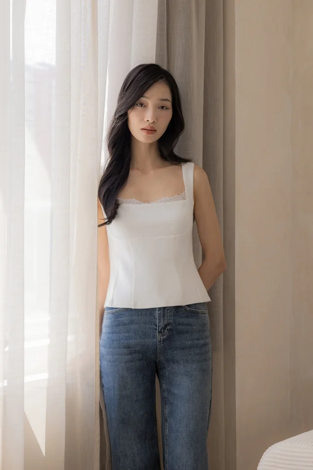 VEDA PADDED LACE TRIM BUSTIER TOP (WHITE)
