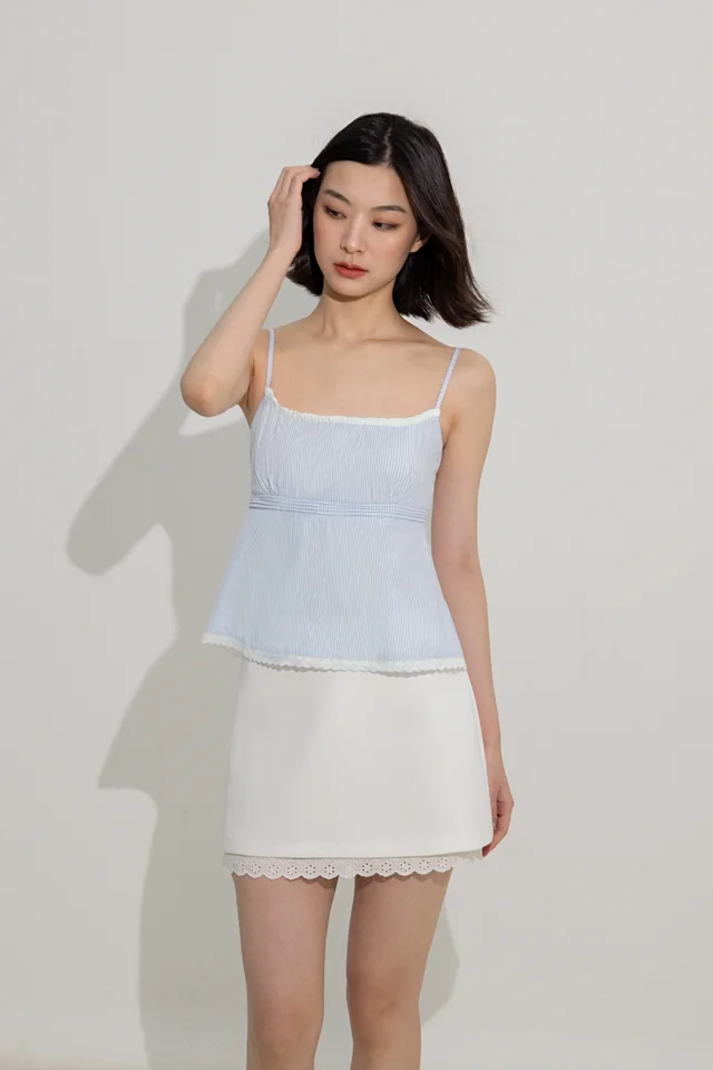 REINI PADDED RUFFLE TRIM BABYDOLL CAMI TOP (BLUE STRIPED)