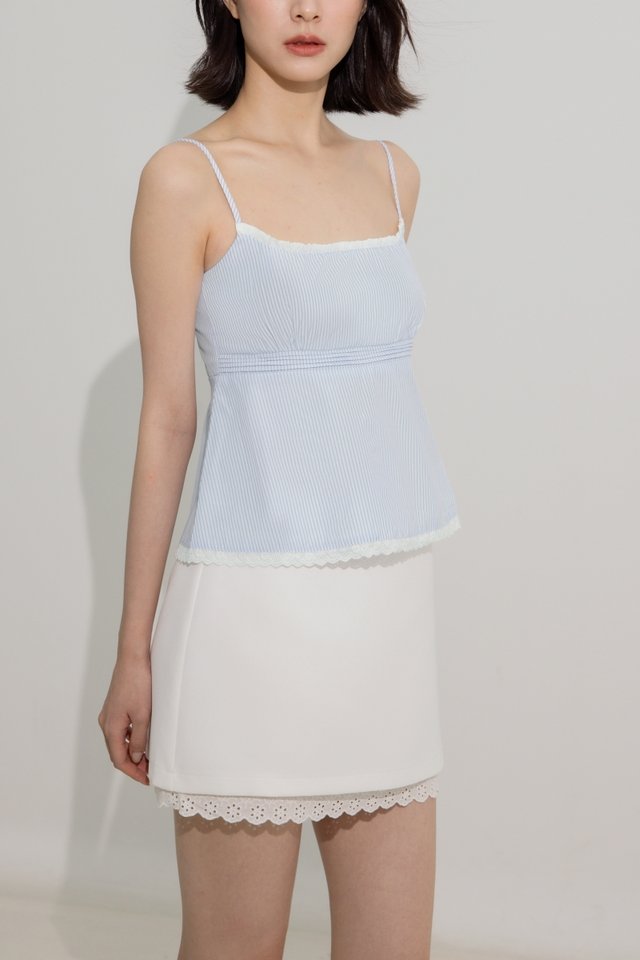 REINI PADDED RUFFLE TRIM BABYDOLL CAMI TOP (BLUE STRIPED)