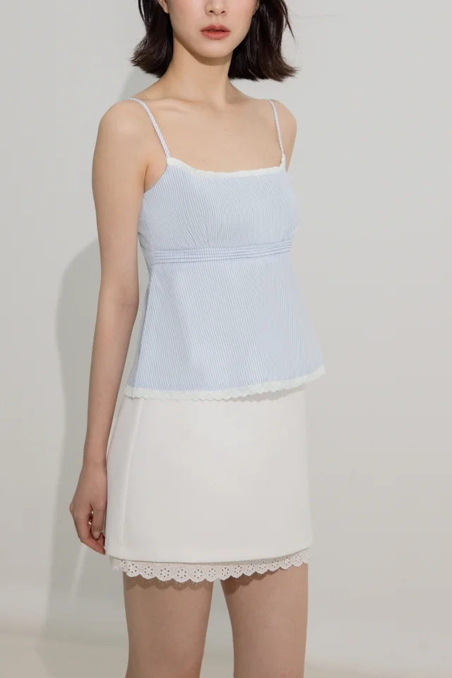 REINI PADDED RUFFLE TRIM BABYDOLL CAMI TOP (BLUE STRIPED)