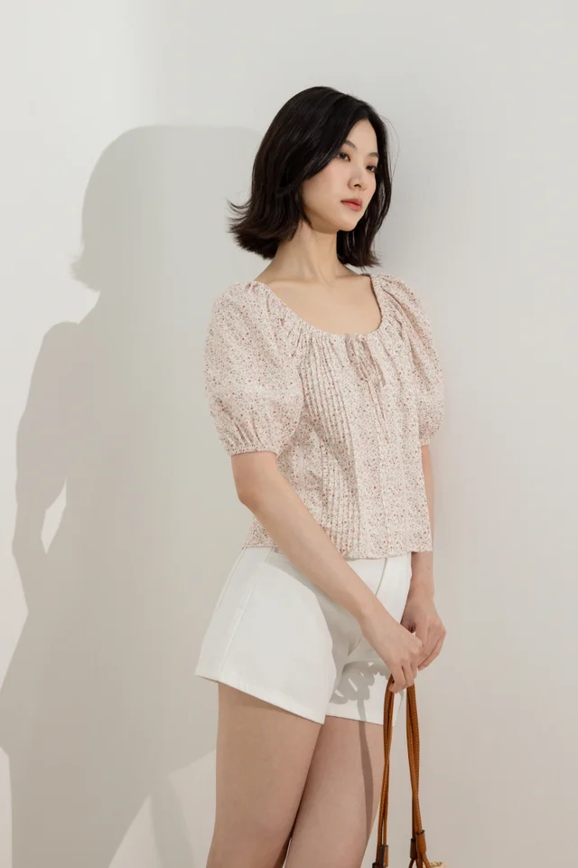 RUELLA LINEN LACE INSERT PINTUCK PUFF SLEEVE BLOUSE (FLORAL)