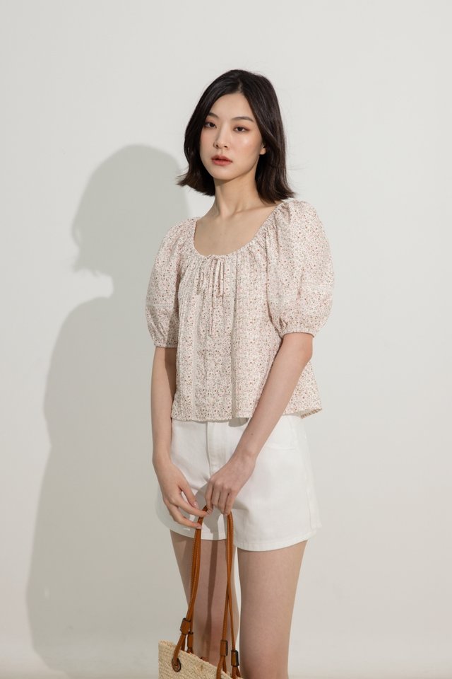 RUELLA LINEN LACE INSERT PINTUCK PUFF SLEEVE BLOUSE (FLORAL)
