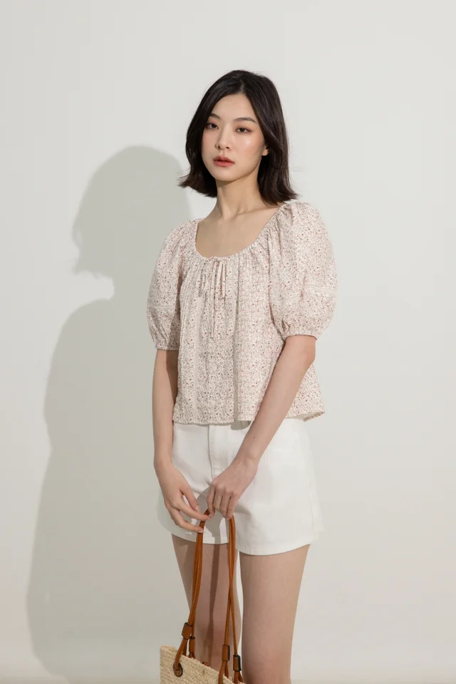 RUELLA LINEN LACE INSERT PINTUCK PUFF SLEEVE BLOUSE (FLORAL)