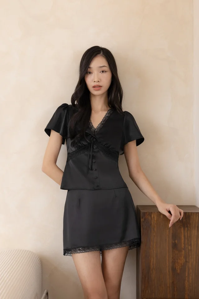 AZARIA SATIN LACE TRIM SKORTS SET