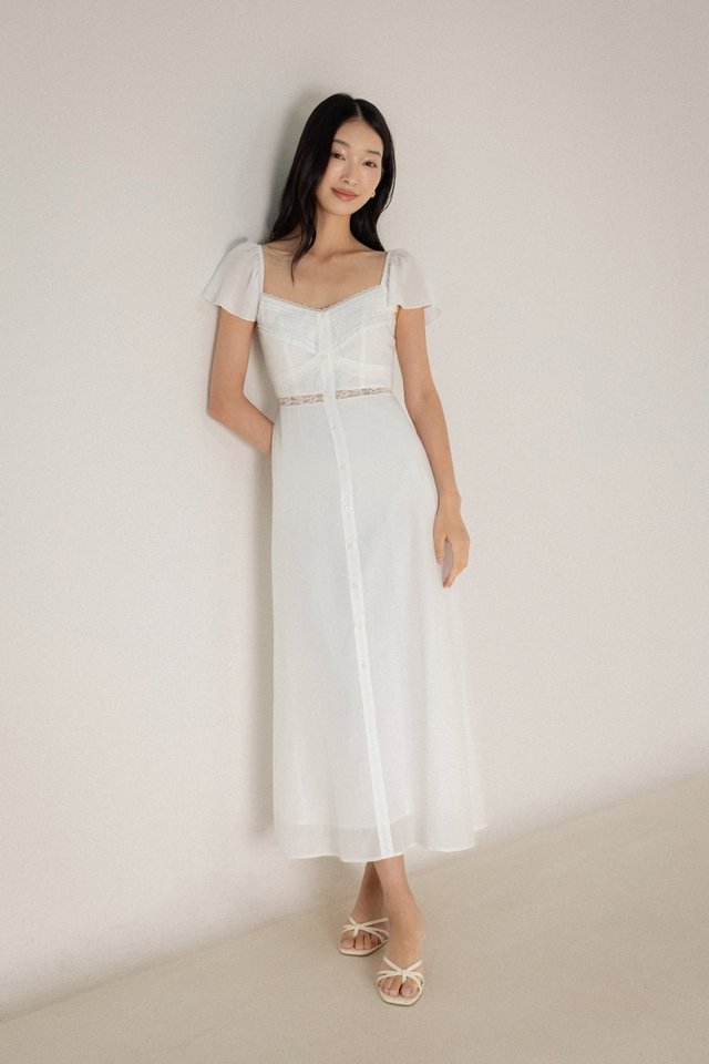 PAULINE PADDED LACE INSERT FLUTTER SLEEVE BUTTON MAXI DRESS (WHITE)