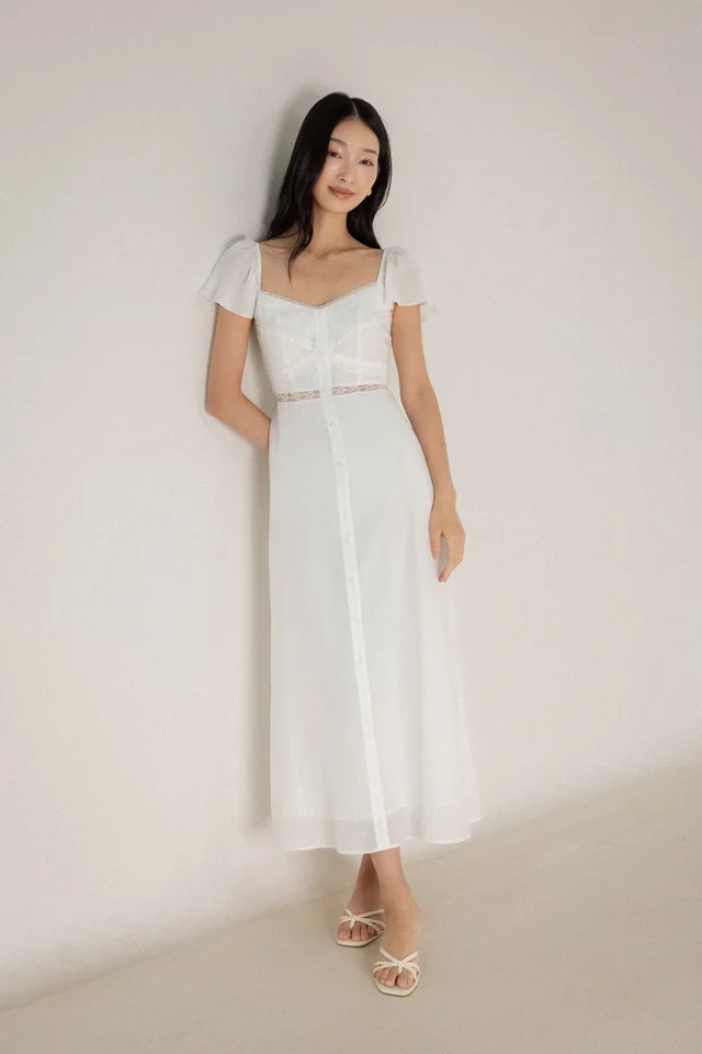 PAULINE PADDED LACE INSERT FLUTTER SLEEVE BUTTON MAXI DRESS (WHITE)