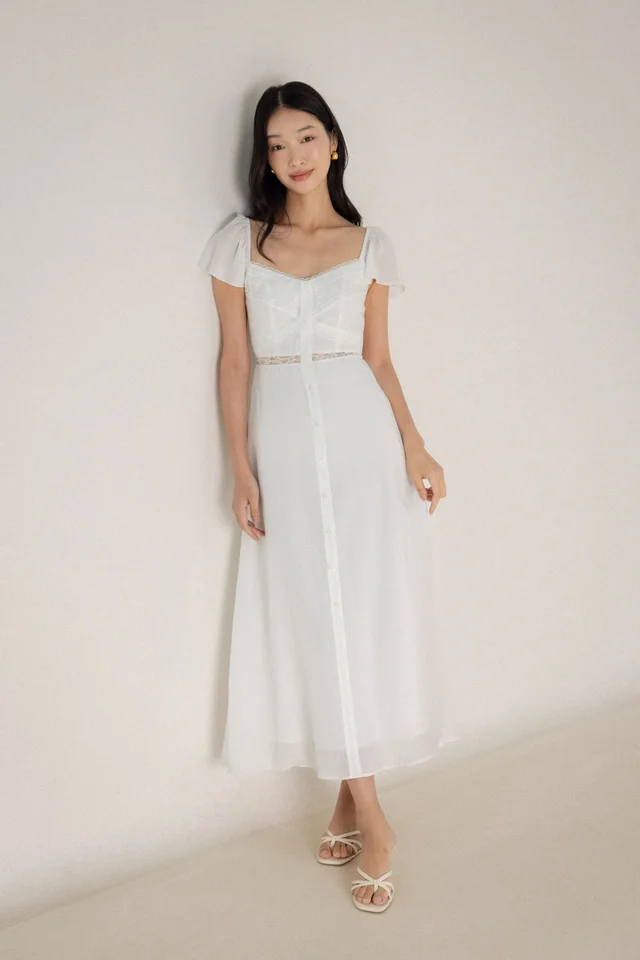 PAULINE PADDED LACE INSERT FLUTTER SLEEVE BUTTON MAXI DRESS (WHITE)