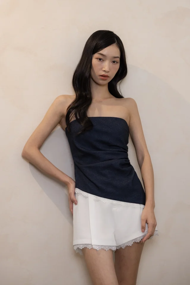 CHARLYN PADDED RUCHED LACE ASYMMETRICAL HEM TUBE TOP (BLUE DENIM)