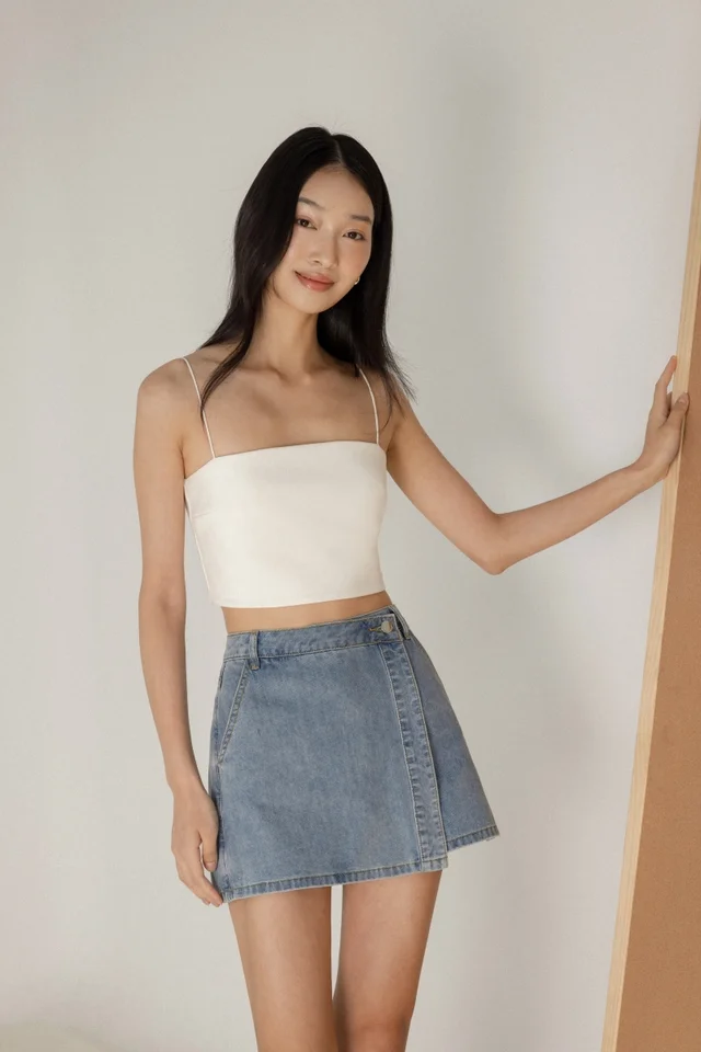 SUPERNOVA ASYMMETRICAL OVERLAP DENIM SKORTS (LIGHT WASHED)