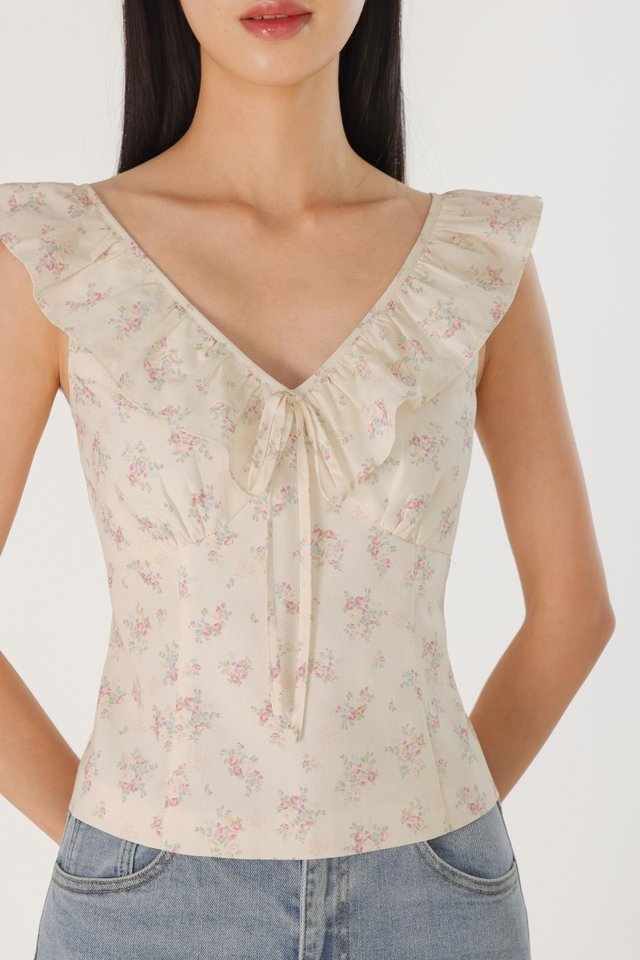 HADIYA PADDED RUFFLE V-NECK RIBBON TOP (FLORAL)